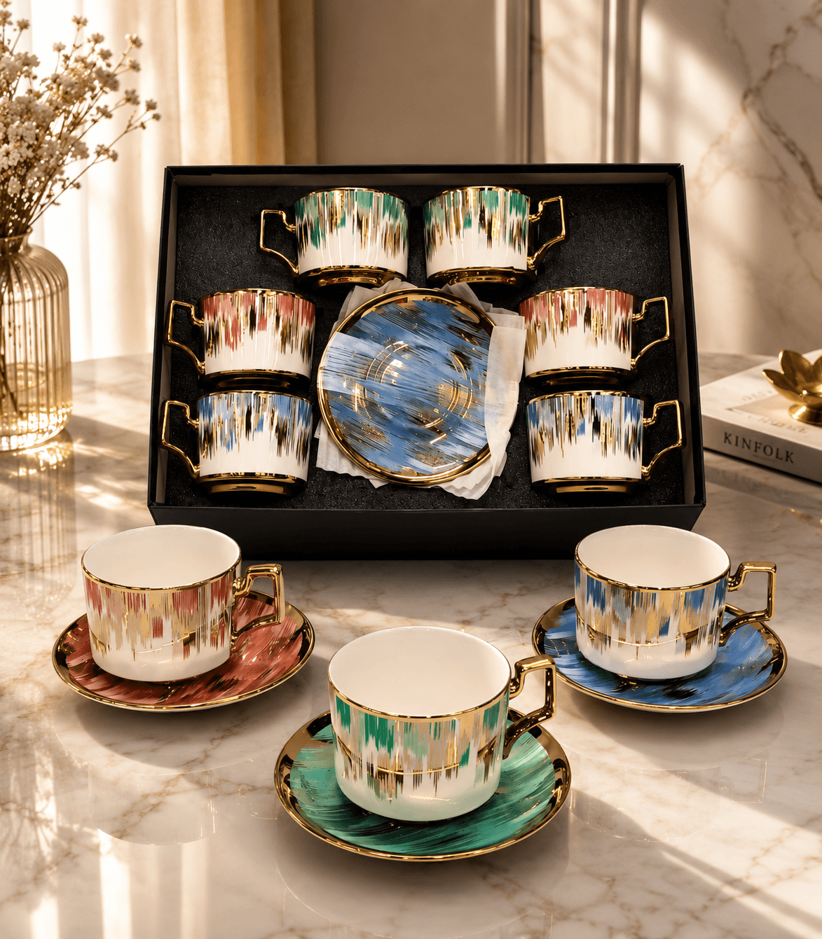 Coffret de 6 tasses à café en porcelaine avec soucoupes multicolores