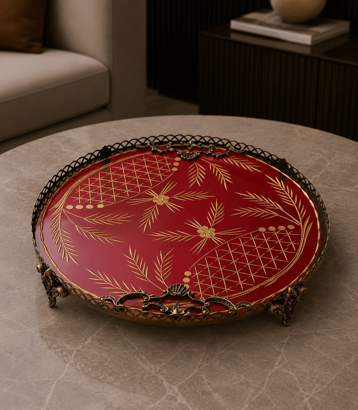 Plateau décoratif rond en verre et métal doré