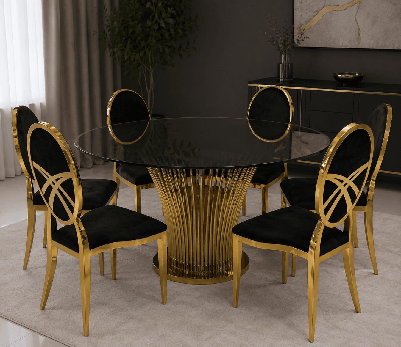 Table à manger ronde en verre trempé avec piètement sculptural doré