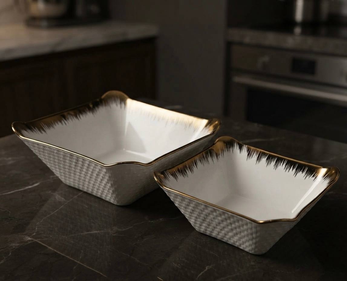 Ensemble de saladiers carrés en céramique blanche et noir avec liseré doré