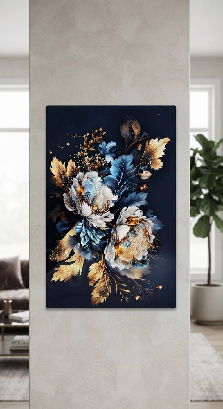 Tableau Mural Artistique Bouquet Floral Pivoines Bleu Nuit et Feuillage Doré