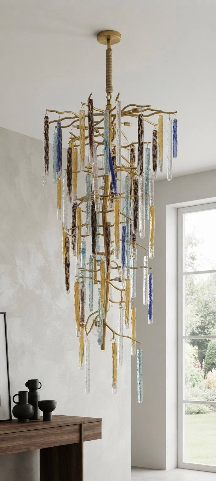 Lustre suspendu cascade à pampilles en verre multicolore