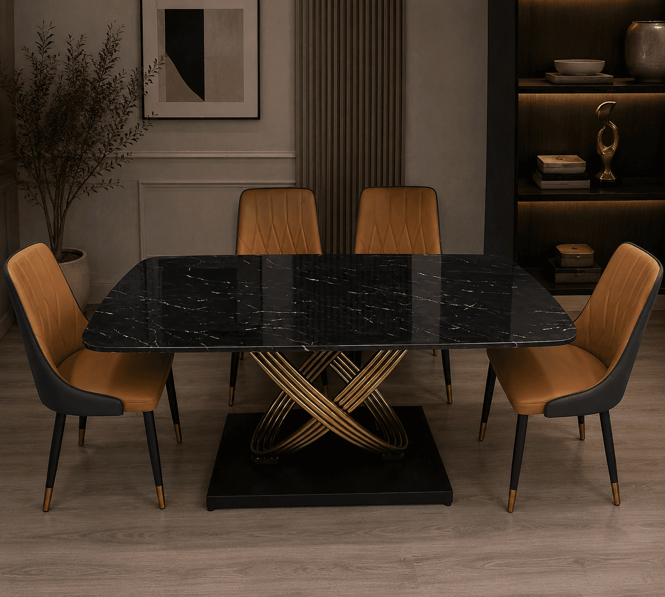 Table à manger en céramique effet marbre noir