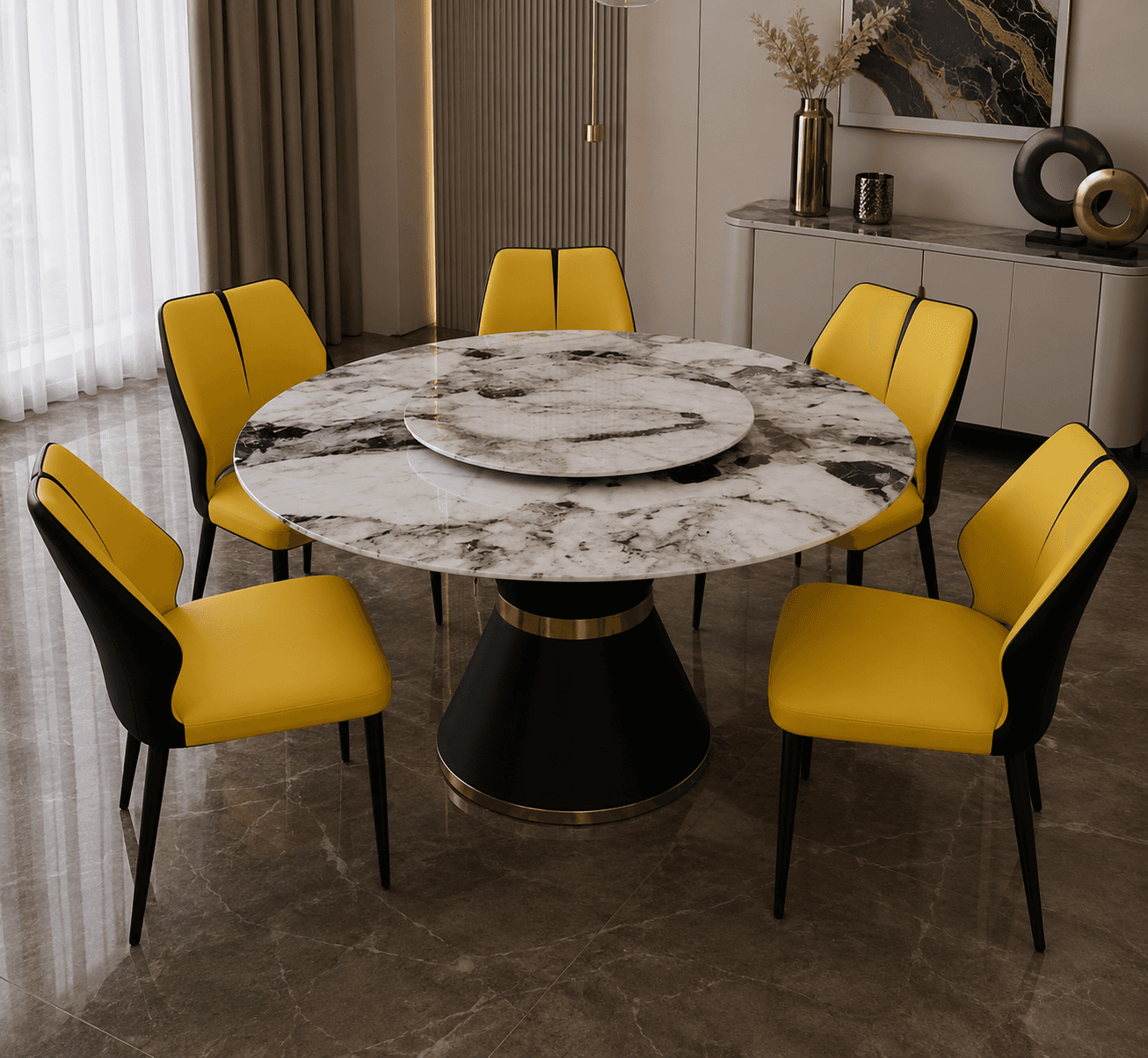 Table à manger ronde en céramique effet marbre avec plateau tournant (Lazy Susan)