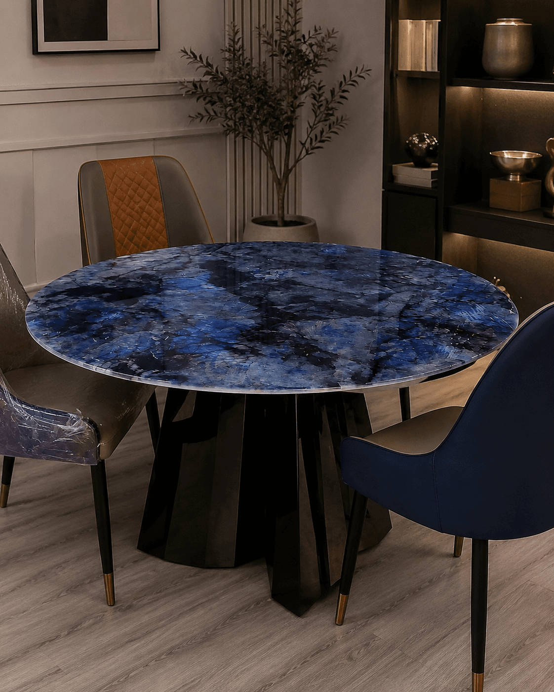 Table à manger ronde en céramique effet pierre bleue avec 6 chaises