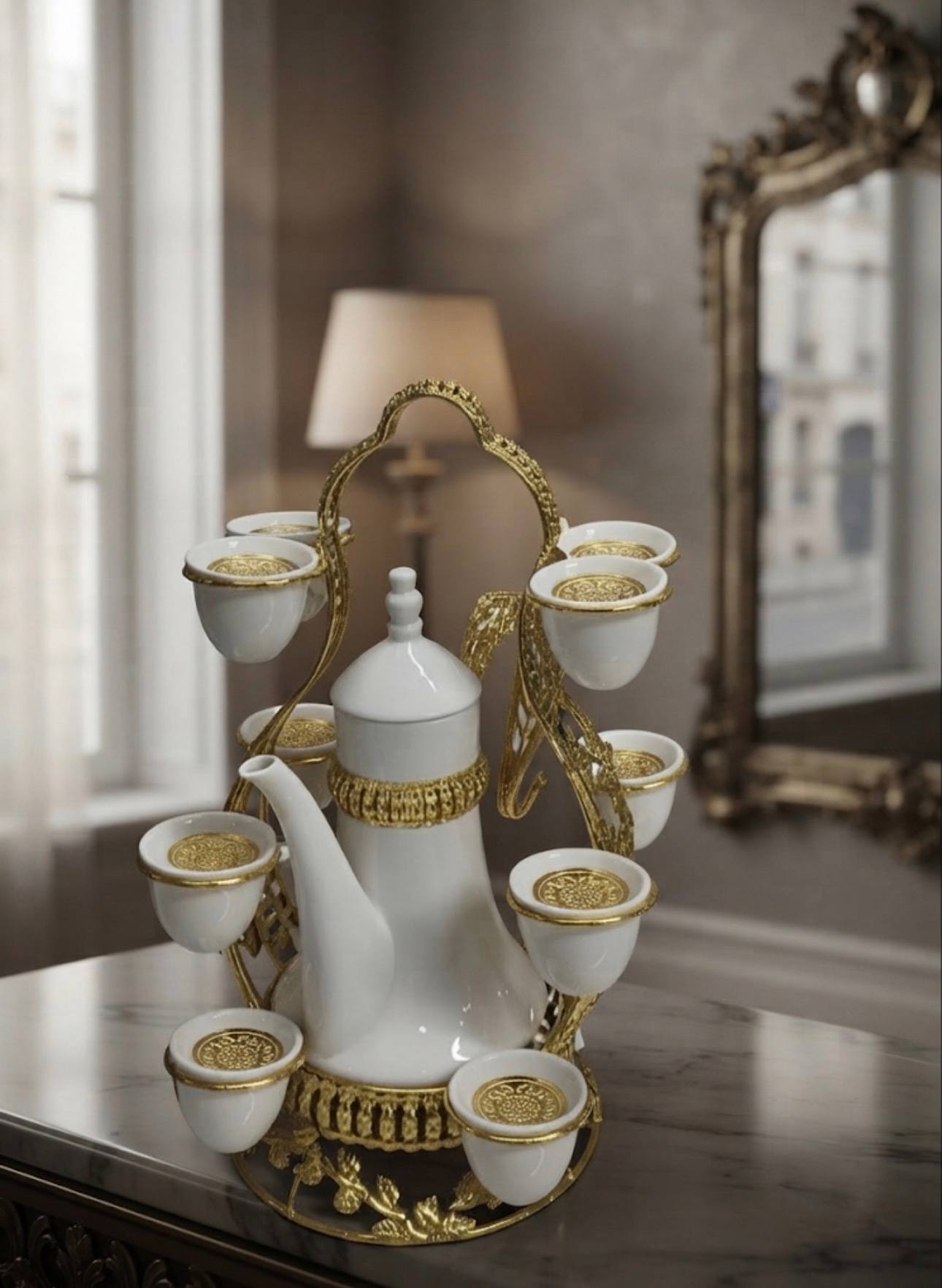 Service à Café Arabe en Céramique Blanc et Doré –