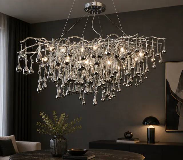 Lustre suspendu organique à pampilles en verre argenté